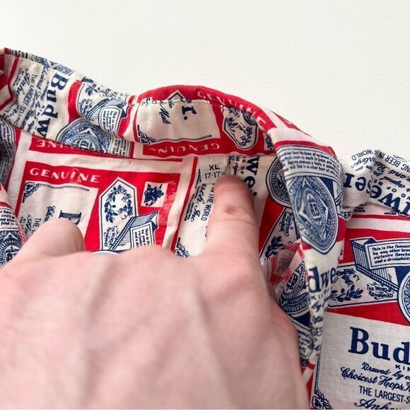 Vintage 60s 70s Budweiser Beer Label Line Union AOP Pop Art Polo Shirt Hawaiian. - Picture 7 of 12